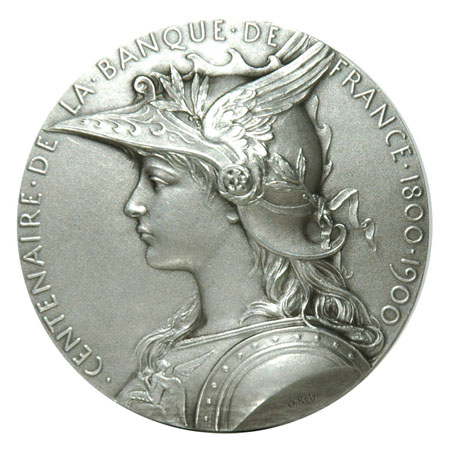 フランス銀行100周年記念メダル(十二月) 戦乙女の横顔が彫られたOscar Roty氏の作品。